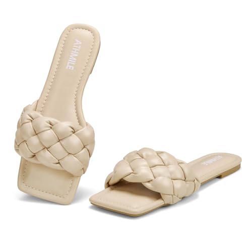 Image of ATHMILE Braided Womens Sandals 2026 Square Open Toe Fashion Slide Sandals | Women Summer Flat Sandals,Soft Leather,Slip on Shoes,Dressy,Causal,Beach,Vocation,Size 6-11