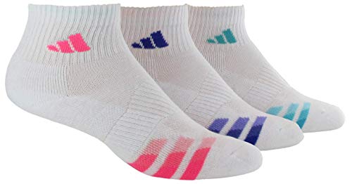adidas Women's Cushioned Quarter Socks (3-Pair), White/Solar Pink Night Flash Vivid Mint, Medium, (Shoe Size 5-10)