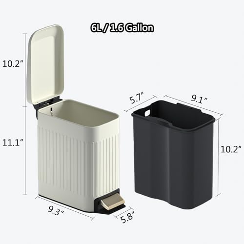 Small Bathroom Trash Can with Lid Soft Close-6L/1.6 Gal Slim Step Garbage Can-Metal Pedal Wastebasket-Narrow Rectangle Garbage Container Bin for Corner Office, Bedroom, Toilet, Live Room-Beige