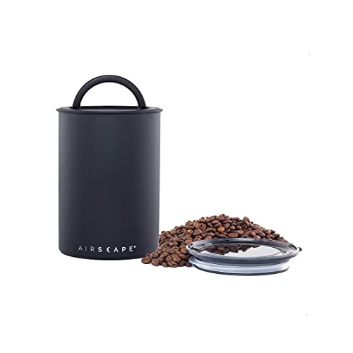 Airscape Stainless Steel Coffee Canister & Scoop Bundle - Food Storage Container - US Patented Airtight Lid Pushes Out Excess Air - Preserve Food Freshness (Medium, Matte Black & Brushed Steel Scoop)