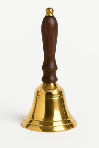 Chabrias Ltd 3.5 Traditional Medium Brass School Hand Bell with Wooden Handle – Clear Loud Ring for School, Dinner, Reception, Library, Last Orders & Festive Use