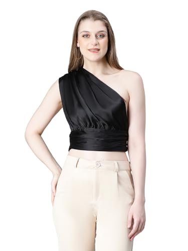 Image of oxolloxo Women Solid Elasticated One-Off Shoulder Satin Crop Top