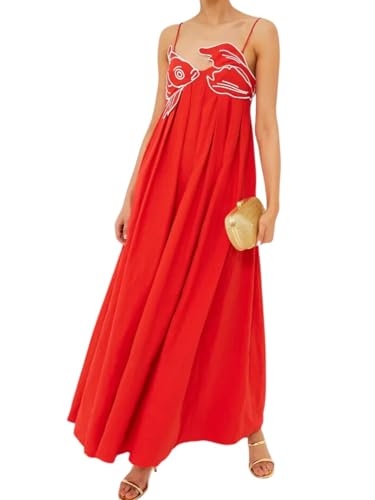 Womens Koi Fish Sleeveless Long Strap Dress High Waist 3D Fish Maxi Cami Dress