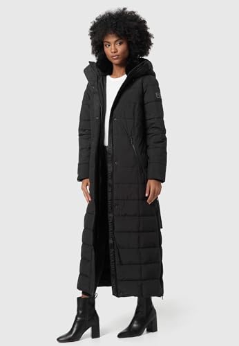 Navahoo Damen Wintermantel Warmer Steppmantel lang mit Kapuze und Taillengürtel Das Teil XIV Black Gr. XL