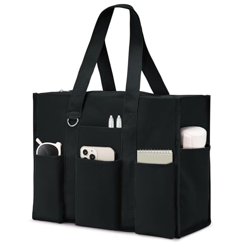 Becokan Bolsa feminina grande, impermeável, com 12 bolsos, fecho de zíper, utilitária, professora, enfermeira, para trabalho, escola, Preto, Medium
