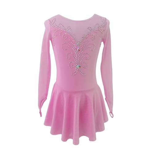 LIUHUO Ice Figure Skating Dress Girls' Elegant Handmade Crystal Long Sleeves Competition Womens Pink