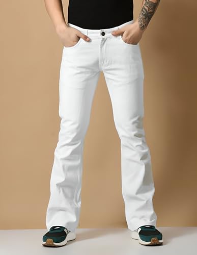 Image of Waltz Men's High Waist Stretchable Boot Cut Wide Leg Flared Casual Denim Bell Bottom Jeans Pants for Men - Comes in Multiple Sizes & Colours (Black, Dark & Light Blue, Grey, White & Khaki) 28 to 40
