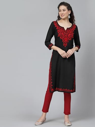 Image of QAZMI Women's Floral Aari Embroidered Viscose Rayon 3 /4 Sleeves Straight Kurta
