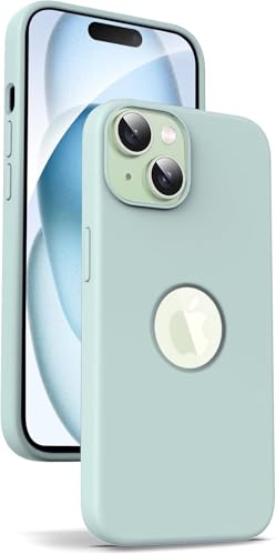 Image of Elzzi Microfiber Logo Cover Compatible for iPhone 15 Plus Case Liquid Silicone Cases Full Body 4 Layer Protective Covers Shockproof Back Cover (Mint)