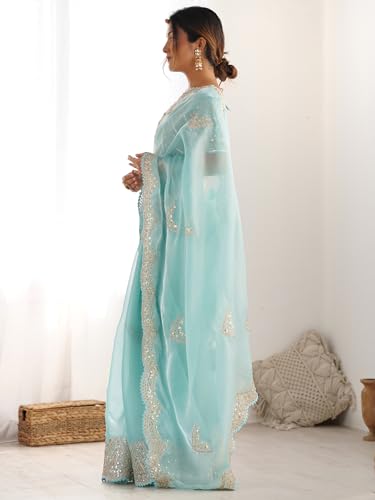 Image of Satrani Women's Tissue Silk Sequin Embroidery Scalloped Border Saree with Unstitched Blouse Piece