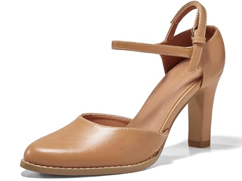 Image of Coutgo Womens Chunky High Heels Closed Pointed Toe Ankle Strap Pumps Vintage D'Orsay Dress Party Shoes