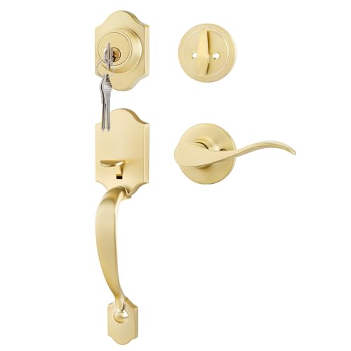 Image of Goldenwarm Front Door Handle and Deadbolt Set, Gold Front Door Lock Set with Reversible Handle Lever, Classic Brass Front Door Hardware, Front Door Handles and Locks
