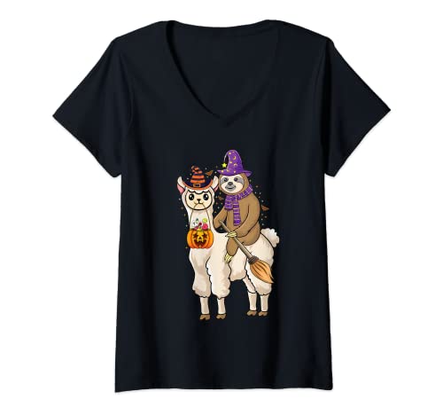 Mujer Halloween perezoso montar llama sombrero de bruja Halloween animal Camiseta Cuello V
