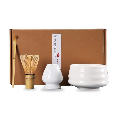 Axvion Matcha Tea Ceremony Set Ceramic Bowl with Whisk Holder Bamboo Whisk and Scoop 4 Piece White Cherry Blossom Design