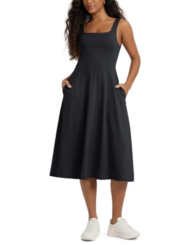 Image of ODODOS Square Neck Midi Dress with Pockets for Women Summer Casual Sleeveless Sundress Flare Tank Dress