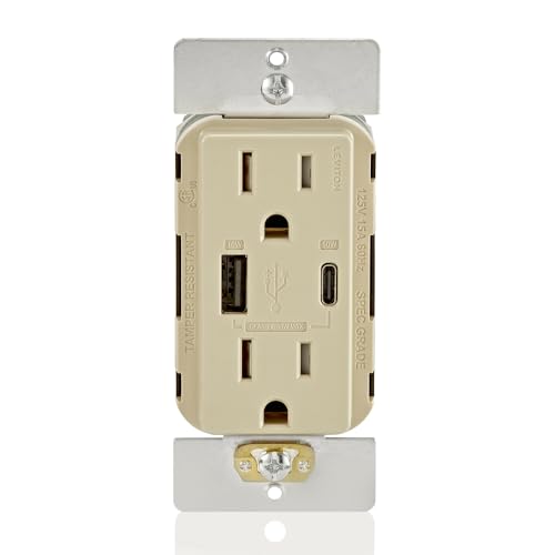 Image of Leviton T5634-I 60W (20V@2.5A+ 5V@2A) USB Dual Type A /Type-C Power Delivery in-Wall Charger with 15A Tamper-Resistant Outlet, USB Charger for Smartphones, Tablets, Laptops, Ivory