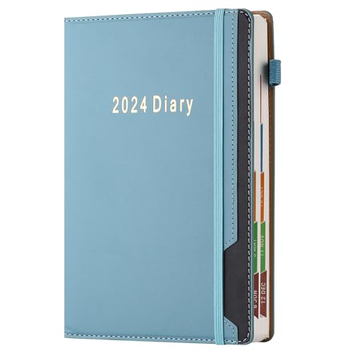 2024 Diary Planner A5 Day per Page,Organizer Weekly Monthly Planner 2024 with Monthly Tab,Hardcover Week to View Diary,Pen Holder,400Pages (A5, light Blue)