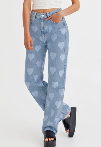 loveimgs Women Slim Distressed Straight Leg Jeans Heart Print Denim Pants Love High Rise Wide Leg Flared Pull On Jeans2