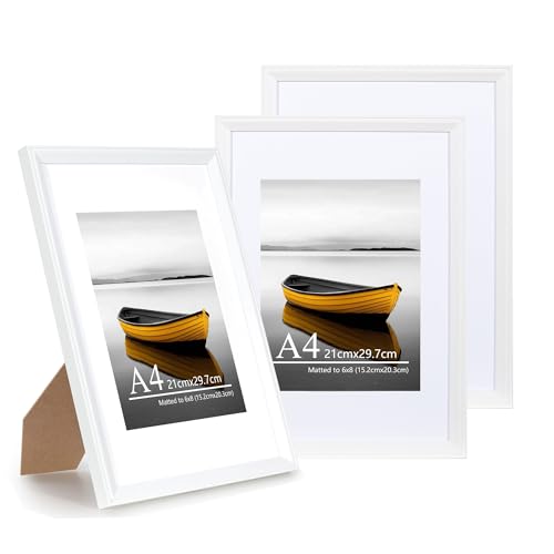 Baoee A4(21x29.7cm) weiß Bilderrahmen mit15.2x20.3cm Passepartout 3er Set Fotorahmen mit Acrylglas A4 Rahmen Posterrahmen Zertifikatsrahmen Wandmontierbar