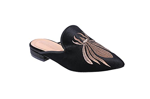 Image of Fericzot Women's Velvet Backless Pointed Toe Slip On Loafers Flats Embroidery Mule Slippers Shoes