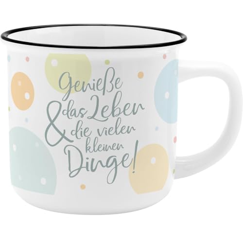 GRUSS & CO Becher Motiv Genieße | New Bone China Porzellan, Emaille-Optik, 35 cl | Geschenk lustig, fürs Osternest | 73932