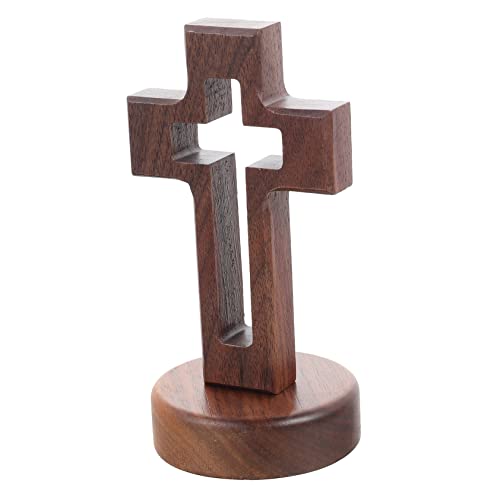 Veemoon Ornement Bois Croix Religieuse Sur Socle Rond Décoration Église Compacte Style Élégant Pour Chrétiens Cadeau Significatif