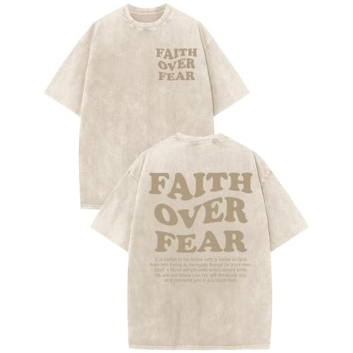 Image of Christian Shirts for Men Faith Over Fear Oversized Shirt Acid Wash Tshirt Graphic Religious T Shirt Bible Verse Tees