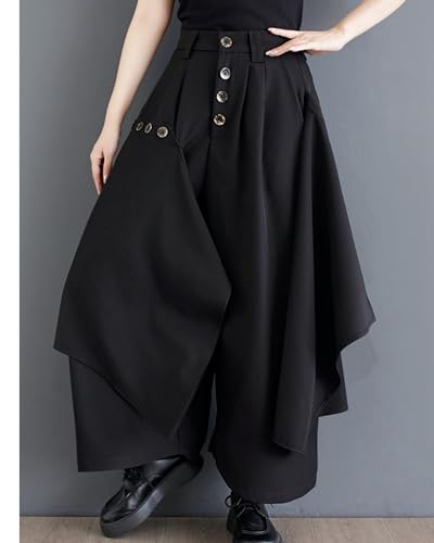 ellazhu Women's Black Culottes Irregular Wide Leg Pockets Drop Crotch Button Down GZ208 A2