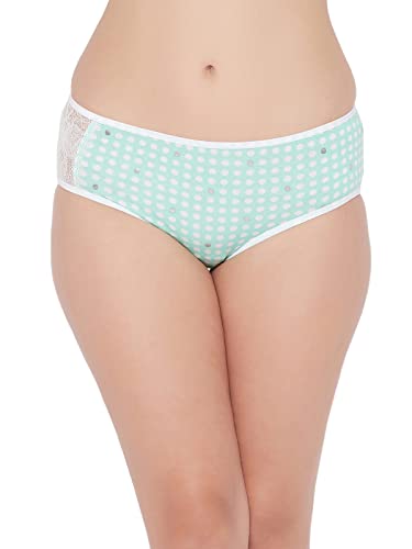 Image of Clovia Women's Cotton Mid Waist Polka Dot Hipster Panty with Lace Insert in Green