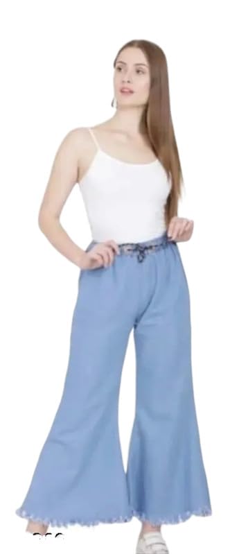 Image of Women's Denim Flared Ankles Palazzo with Elastic Waist