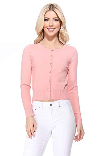 Image of Women's Cropped Cardigan Sweater - Long Sleeve Crewneck Basic Classic Casual Button Down Knit Soft Lightweight Top