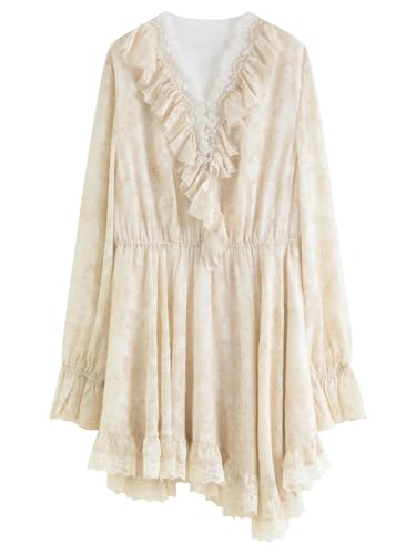 Women Soft Touch Textured Lace Dress Ruffled Hem V-Neckline Chic