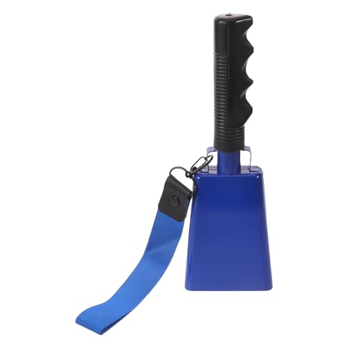 Image of Beavorty Blue Metal Cowbell with Ergonomic Handle and Lightweight Fabric Strap, Hands-free Design Cheering Hand Bell for Football Games and Sporting Event Fans