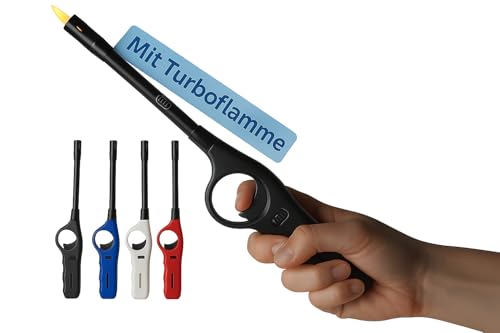 TOM 4 x Stabfeuerzeug mit Turbo Flame – langes Sturmfeuerzeug mit Stab 28,3 cm lang – Feuerzeug Jetflame – 4 Stück im Set schwarz weiß blau...