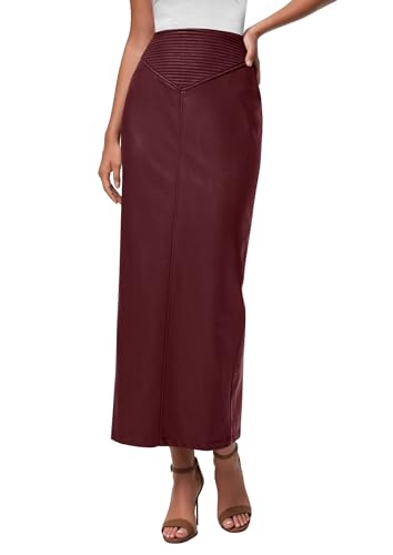 PRETTYGARDEN Women's Faux Leather Long Skirt 2025 Fall Trendy Clothes High Waist Dressy Casual Pencil Maxi Skirts with Slit (Burgundy,Small)