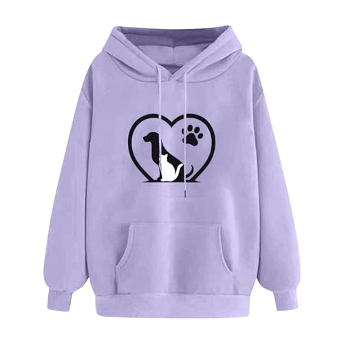 KOG Hoodie für Damen Baumwolle Sweatshirt mit Kapuze Hunde-Drucken Kapuzenpullover Warme Oberteile Hoodies Casual Oberteil Warmes Frau Fashion Oversize Kleidung Hooded Sweatshirt Lila S