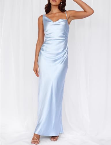 Image of Formal Satin Silk Spaghetti Strap Maxi Dresses for Women Wedding Guest | Elegant, Summer, Cowl Neck, Backless, Sleeveless, Slip, Slit, Ruched, Long Bridesmaid Dress, Cocktail, Beach Vacation, Party