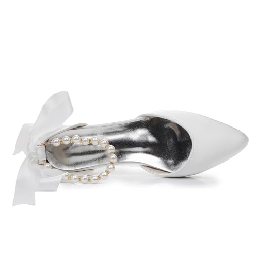 Women's Pearl Satin Wedding Shoes Pointed Toe Comfortable Bridal Flats Formal Prom Party Dress Pumps Ankle Strap Sandals2