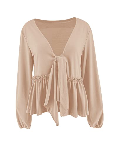 Fanway&EC Women's Long Sleeve V Neck Blouses Babydoll Tie Front Shirts Ruffle Hem Casual Crop Tops3