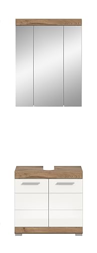 xonox.home Badezimmer Wave 2tlg. Kombination Badmöbel Set kleine Bäder Komplettprogramm Bademöbel-Set in weiß Hochglanz Tiefziehfront, Nox Oak Nb. Waschbeckenunterschrank Spiegelschrank