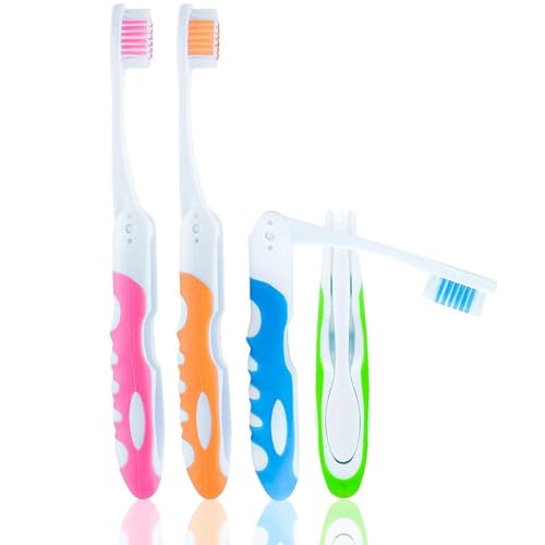 Bmeigo Paquete de 4 cepillos de dientes de viaje plegables, tamaño mediano, suaves, tamaño de viaje, portátil, fácil de transportar para adultos y niños, viajes, viajes de negocios, camping (4 colores