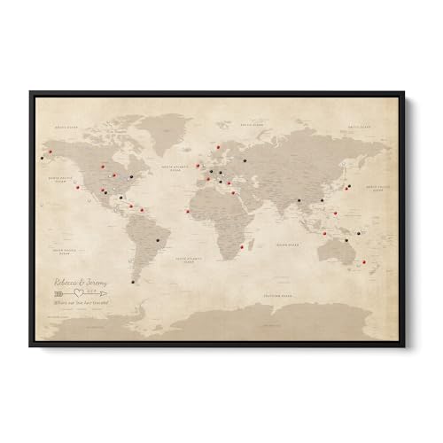 Image of Vintage Canvas Travel Pin Map of the World - Extra Large Antique Style World Map with Pins - Personalized Framed Wall Art - Black Float Frame - 34 inch x 51 inch
