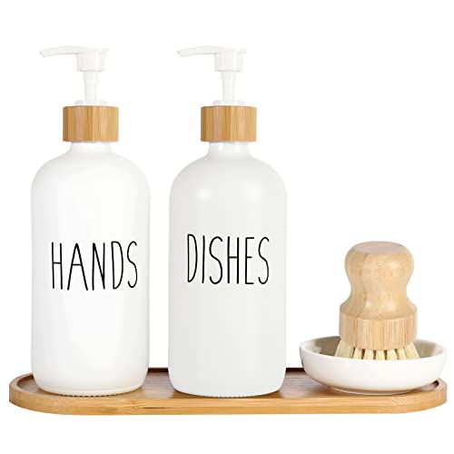 MIFXIN - Juego de 2 dispensadores de cristal para jabón, con bandeja y cepillo de bambú para platos, dispensador de jabón de manos y lavavajillas de 500 gr, con diseño decorativo rústico y dispensador