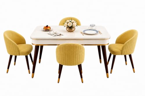 Image of WOODEN SPACE 4 Seater Wooden Dining Table Set | Urban Marble Top Dining Table with Chairs for Dining Room & Kitchen (Majestic Classic Backline Yellow) (42 x 42 x 30 inch)