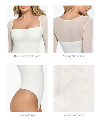 Popilush Mesh Long Sleeve Tops for Women Shapewear Bodysuit Square Neck Going Out Body Suits Fall Concert Outfits3