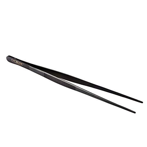 O'Creme 10 Inch Black Precision Stainless Steel Kitchen Tweezer Tongs with Serrated Tips