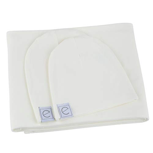 Image of Ely's & Co. Cotton Knit Jersey Swaddle Blanket and 2 Beanie Baby Hats Gift Set, Large Receiving Blanket (Ivory)