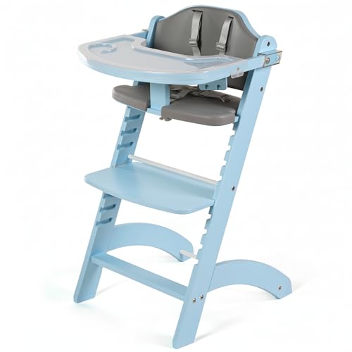 Image of Cowiewie New Upgrade 3-in-1 Convertible Wooden High Chair for Babies & Toddlers 10 Levels Adjustable 3-Tier Remove 2 Waterproof Cozy Cushions Blue