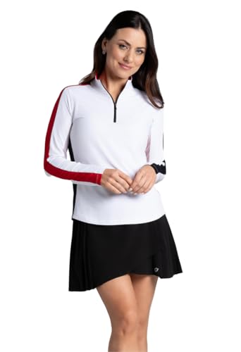 IBKUL Athleisure Wear Sun Protective UPF 50+ Icefil Cooling-Color Block Print Long Sleeve Mock Neck Top-10001 Red/Black/Color Block/XXL