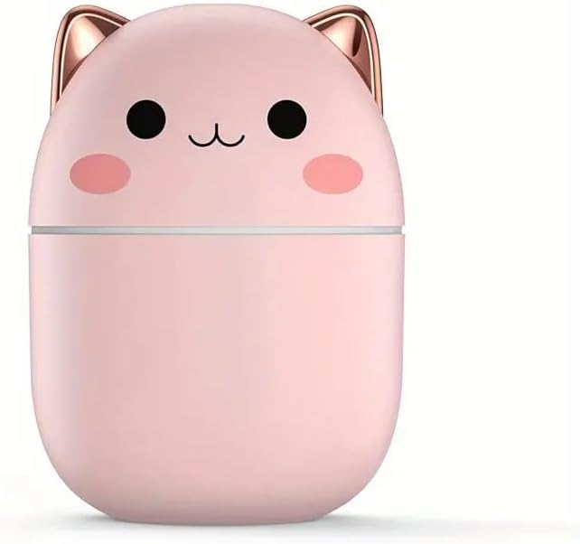 Humidificador Portátil Mini Forma Gato - Difusor de Aceites esenciales para oficina, hogar o escritorio - Alimentación USB, Silencioso y LED suave - 250ml - Rosa
